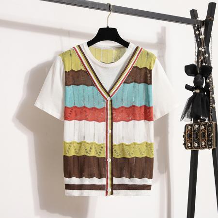 大码女装夏新款温柔风彩色针织衫短袖假二件显瘦百搭上衣 服裝批發女裝批發服飾貨源