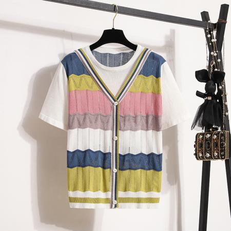 大码女装夏新款温柔风彩色针织衫短袖假二件显瘦百搭上衣 服裝批發女裝批發服飾貨源