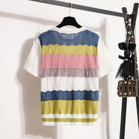 大码女装夏新款温柔风彩色针织衫短袖假二件显瘦百搭上衣 服裝批發女裝批發服飾貨源