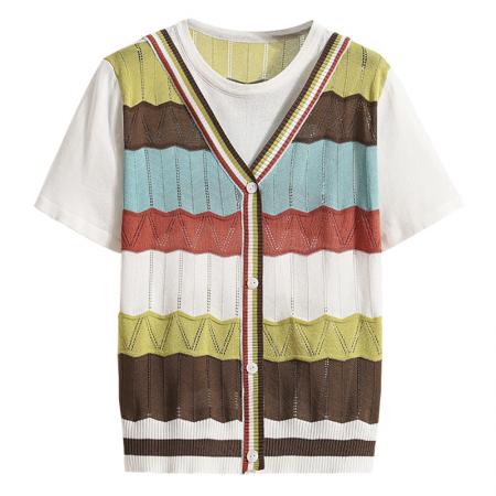 大码女装夏新款温柔风彩色针织衫短袖假二件显瘦百搭上衣 服裝批發女裝批發服飾貨源