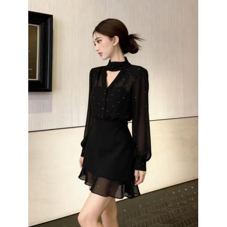 BY12215# 高级感时尚女装春季新款飘带领亮闪闪半透视上衣短裙大码套装 服裝批發女裝批發服飾貨源
