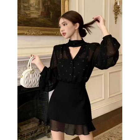 BY12215# 高级感时尚女装春季新款飘带领亮闪闪半透视上衣短裙大码套装 服裝批發女裝批發服飾貨源