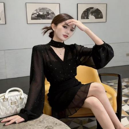 BY12215# 高级感时尚女装春季新款飘带领亮闪闪半透视上衣短裙大码套装 服裝批發女裝批發服飾貨源