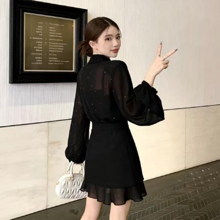 BY12215# 高级感时尚女装春季新款飘带领亮闪闪半透视上衣短裙大码套装 服裝批發女裝批發服飾貨源