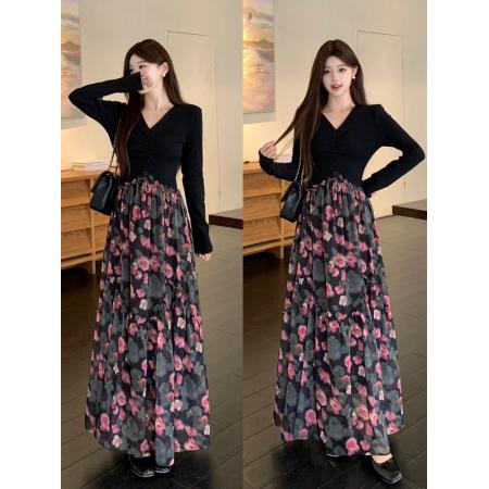 春季新款高级感假两件法式黑色碎花长袖连衣裙气质显瘦长裙子 服裝批發女裝批發服飾貨源