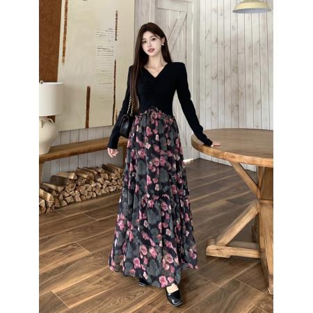 春季新款高级感假两件法式黑色碎花长袖连衣裙气质显瘦长裙子 服裝批發女裝批發服飾貨源