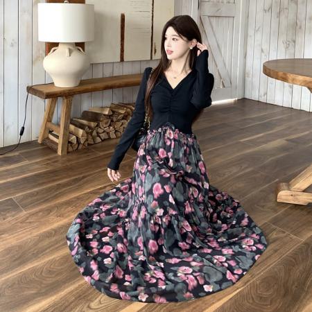 春季新款高级感假两件法式黑色碎花长袖连衣裙气质显瘦长裙子 服裝批發女裝批發服飾貨源