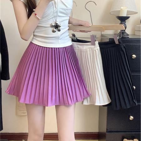 大码夏韩版百褶超短裙百搭半身裙女高腰显瘦A字裙纯色 服裝批發女裝批發服飾貨源
