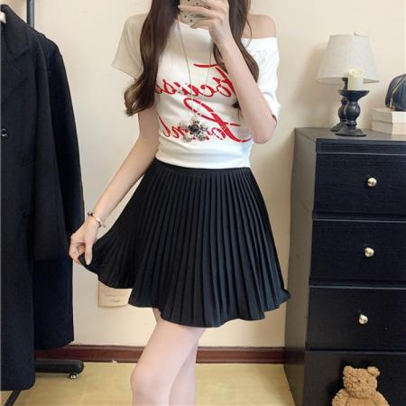 大码夏韩版百褶超短裙百搭半身裙女高腰显瘦A字裙纯色 服裝批發女裝批發服飾貨源