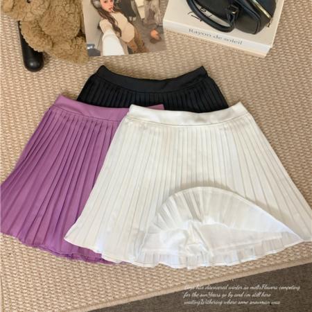 大码夏韩版百褶超短裙百搭半身裙女高腰显瘦A字裙纯色 服裝批發女裝批發服飾貨源