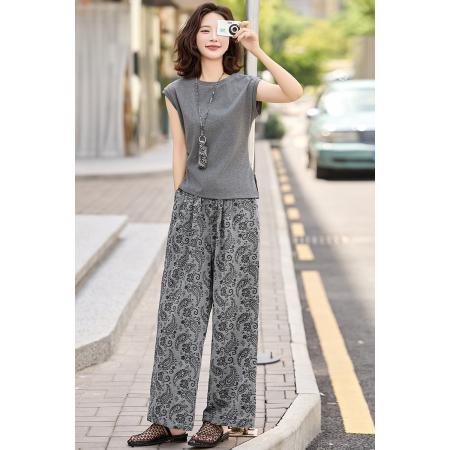 夏装新款收腰显瘦圆领T恤腰果花阔腿裤两件套时尚直筒裤套装 服裝批發女裝批發服飾貨源