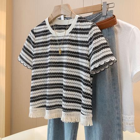 香影条纹T恤女夏季新款正肩流苏薄款针织上衣 服裝批發女裝批發服飾貨源