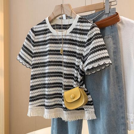 香影条纹T恤女夏季新款正肩流苏薄款针织上衣 服裝批發女裝批發服飾貨源