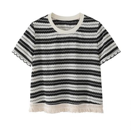 香影条纹T恤女夏季新款正肩流苏薄款针织上衣 服裝批發女裝批發服飾貨源