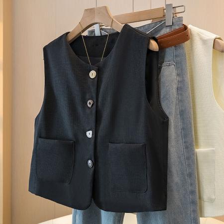 BY12222# 春夏圆领小西装马甲外套法式气质无袖坎肩上衣 服裝批發女裝批發服飾貨源