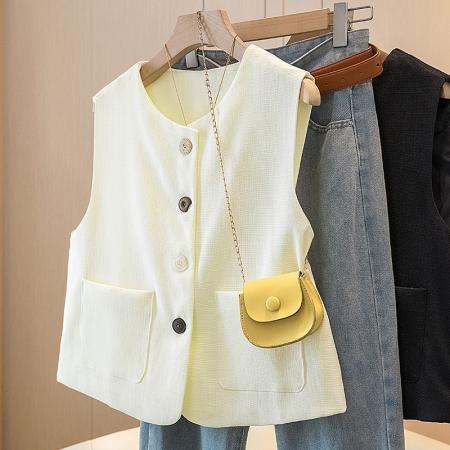BY12222# 春夏圆领小西装马甲外套法式气质无袖坎肩上衣 服裝批發女裝批發服飾貨源