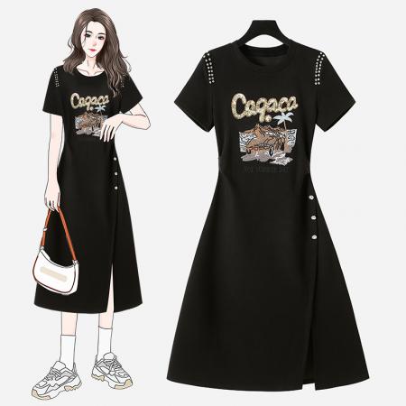 BY12224# 大码女装春夏新款胖妹妹遮肚显瘦收腰小个子不规则压钻连衣裙 服裝批發女裝批發服飾貨源