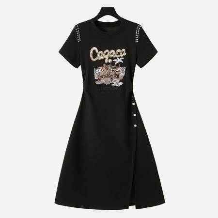 BY12224# 大码女装春夏新款胖妹妹遮肚显瘦收腰小个子不规则压钻连衣裙 服裝批發女裝批發服飾貨源