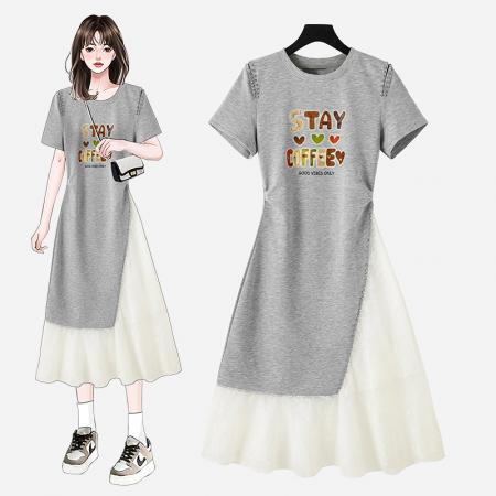 新款拼接网纱印花短袖连衣裙夏季...