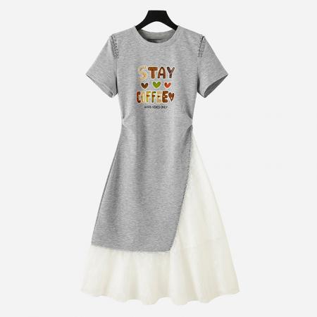 新款拼接网纱印花短袖连衣裙夏季韩版轻奢风收腰长裙 服裝批發女裝批發服飾貨源