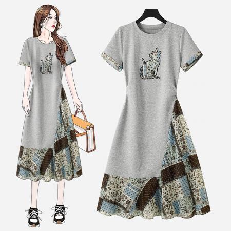 BY12226# 假两件拼接小猫印花短袖连衣裙夏季韩版轻奢风收腰长裙 服裝批發女裝批發服飾貨源