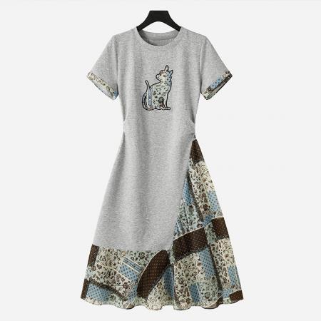 BY12226# 假两件拼接小猫印花短袖连衣裙夏季韩版轻奢风收腰长裙 服裝批發女裝批發服飾貨源