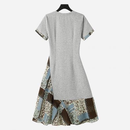 BY12226# 假两件拼接小猫印花短袖连衣裙夏季韩版轻奢风收腰长裙 服裝批發女裝批發服飾貨源