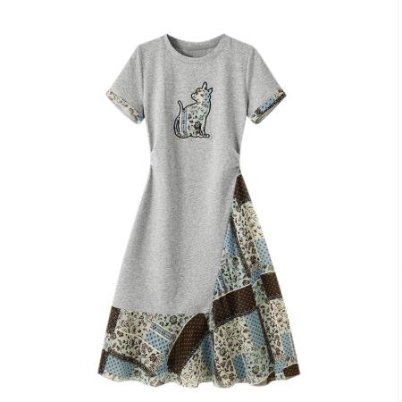 BY12226# 假两件拼接小猫印花短袖连衣裙夏季韩版轻奢风收腰长裙 服裝批發女裝批發服飾貨源