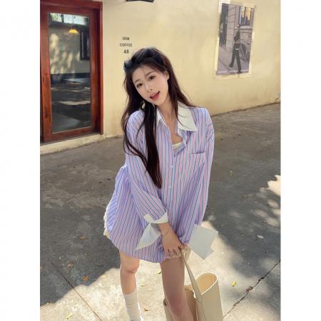 韩系高级感小众设计条纹拼接翻袖上衣女衬衫春款别致宽松外套 服裝批發女裝批發服飾貨源