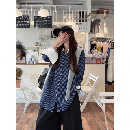 BY12227# 韩系高级感小众设计条纹拼接翻袖上衣女衬衫春款别致宽松外套 服裝批發女裝批發服飾貨源
