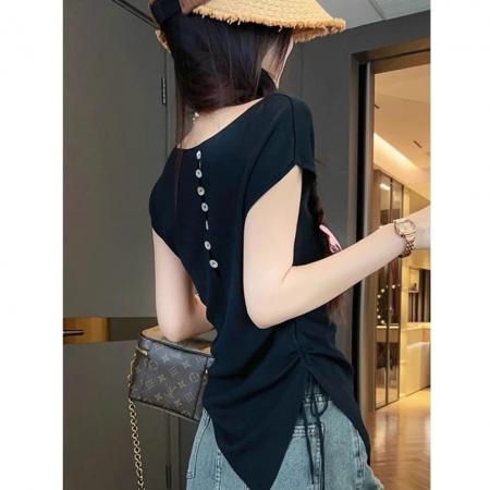 BY12228# 不规则短袖t恤女新款夏季洋气时髦独特漂亮后背镂空爆款上衣 服裝批發女裝批發服飾貨源