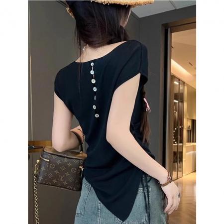 BY12228# 不规则短袖t恤女新款夏季洋气时髦独特漂亮后背镂空爆款上衣 服裝批發女裝批發服飾貨源