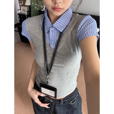 BY12229# 韩系短袖假两件拼接t恤轻熟风女夏季新款设计感Polo衫上衣 服裝批發女裝批發服飾貨源