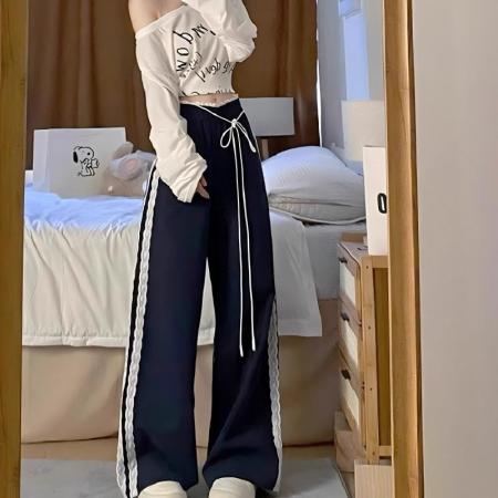 锦涤皱洋气女蕾丝花边拼接休闲裤女秋新款宽松阔腿休闲百搭长 服裝批發女裝批發服飾貨源