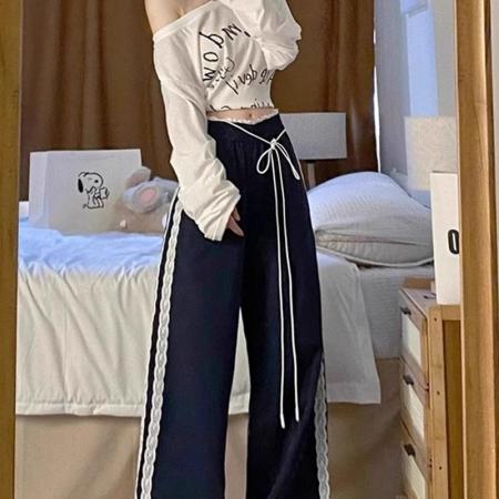 锦涤皱洋气女蕾丝花边拼接休闲裤女秋新款宽松阔腿休闲百搭长 服裝批發女裝批發服飾貨源