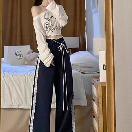 锦涤皱洋气女蕾丝花边拼接休闲裤女秋新款宽松阔腿休闲百搭长 服裝批發女裝批發服飾貨源