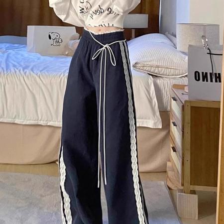 锦涤皱洋气女蕾丝花边拼接休闲裤女秋新款宽松阔腿休闲百搭长 服裝批發女裝批發服飾貨源