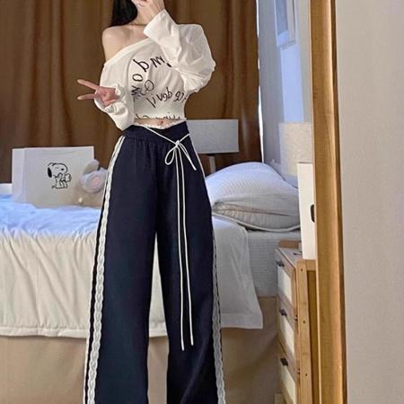 锦涤皱洋气女蕾丝花边拼接休闲裤女秋新款宽松阔腿休闲百搭长 服裝批發女裝批發服飾貨源