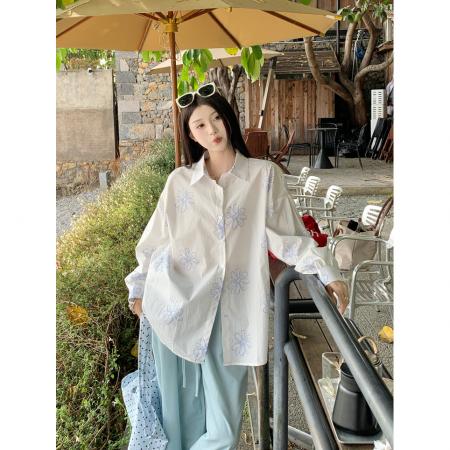慵懒设计感宽松印花长袖白衬衫女春夏别致休闲上衣防晒 服裝批發女裝批發服飾貨源