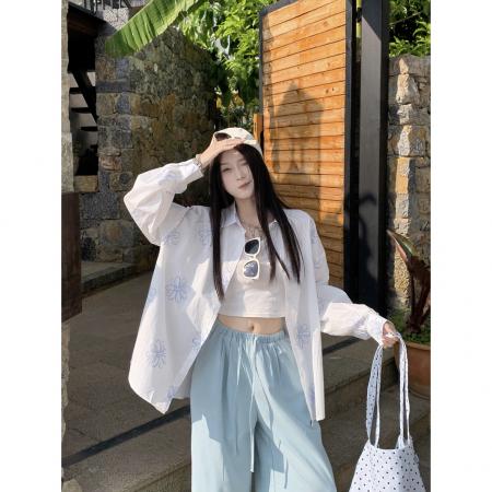 慵懒设计感宽松印花长袖白衬衫女春夏别致休闲上衣防晒 服裝批發女裝批發服飾貨源