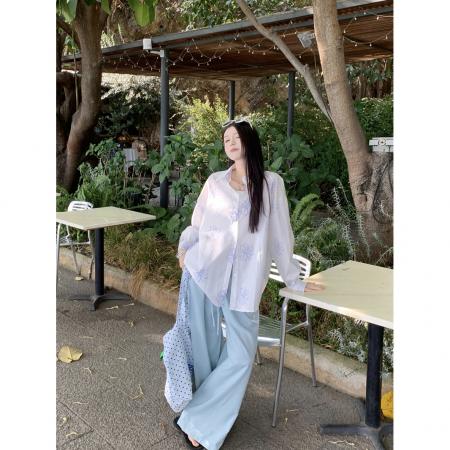 慵懒设计感宽松印花长袖白衬衫女春夏别致休闲上衣防晒 服裝批發女裝批發服飾貨源