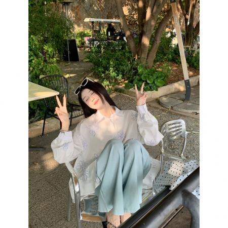 慵懒设计感宽松印花长袖白衬衫女春夏别致休闲上衣防晒 服裝批發女裝批發服飾貨源