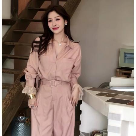 春夏新款小众休闲蕾丝拼接防晒衬衫直筒显瘦阔腿裤两件套女 服裝批發女裝批發服飾貨源