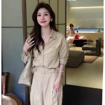 春夏新款小众休闲蕾丝拼接防晒衬衫直筒显瘦阔腿裤两件套女 服裝批發女裝批發服飾貨源