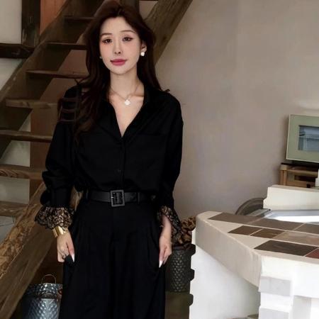 春夏新款小众休闲蕾丝拼接防晒衬衫直筒显瘦阔腿裤两件套女 服裝批發女裝批發服飾貨源