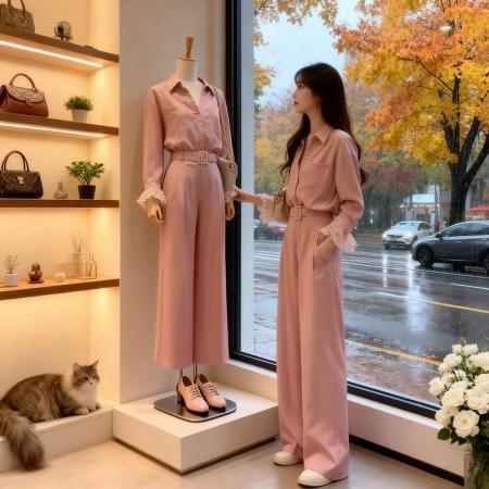 春夏新款小众休闲蕾丝拼接防晒衬衫直筒显瘦阔腿裤两件套女 服裝批發女裝批發服飾貨源