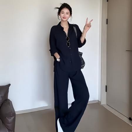 春季新款老钱风复古简约穿搭套装女休闲显瘦长袖衬衣直筒裤两件套 服裝批發女裝批發服飾貨源
