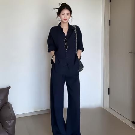BY12237# 春季新款老钱风复古简约穿搭套装女休闲显瘦长袖衬衣直筒裤两件套 服裝批發女裝批發服飾貨源