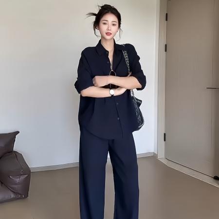 BY12237# 春季新款老钱风复古简约穿搭套装女休闲显瘦长袖衬衣直筒裤两件套 服裝批發女裝批發服飾貨源