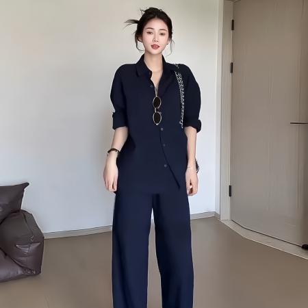 BY12237# 春季新款老钱风复古简约穿搭套装女休闲显瘦长袖衬衣直筒裤两件套 服裝批發女裝批發服飾貨源